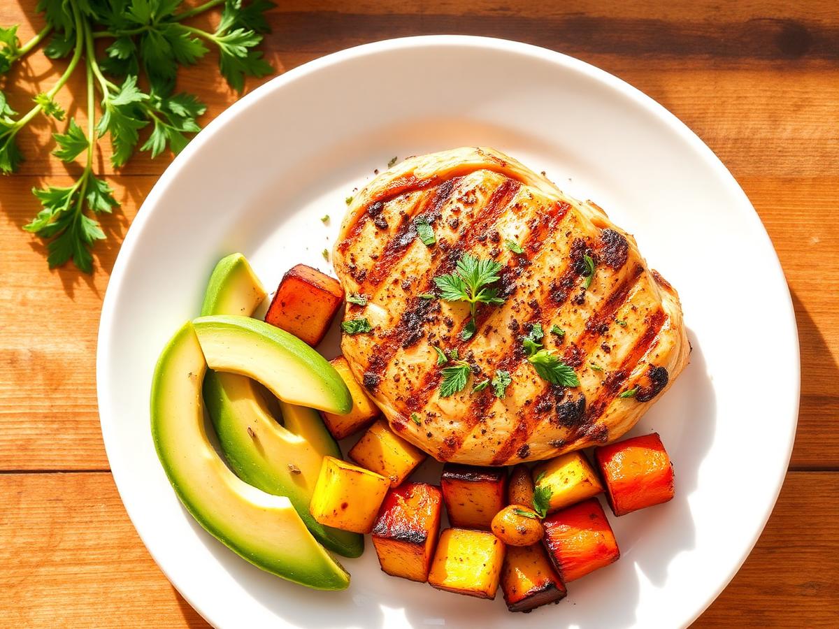 Pollo a la plancha con vegetales y aguacate
